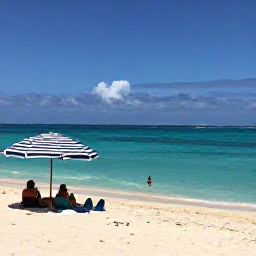 Caribbean Holidays, Bermuda Business Class, Quiet pink-sand beach in Bermuda with clear blue water, striped umbrellas and visitors enjoying a sunny April afternoon