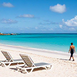 Caribbean Holidays, Bermuda Business Class, Quiet pink-sand Bermuda beach in November with turquoise water, sun loungers and a relaxed traveller walking beside the shore