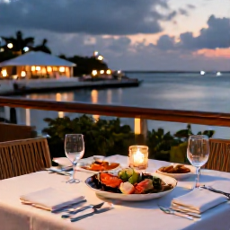 Caribbean Holidays, Bermuda Business Class, Refined Bermuda restaurant overlooking the harbour at dusk, elegant table setting, local seafood and warm February evening atmosphere