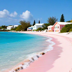 Caribbean Holidays, Bermuda Business Class, Scenic view of Bermuda coastline with turquoise sea, pink sand beach and pastel houses under bright sunshine