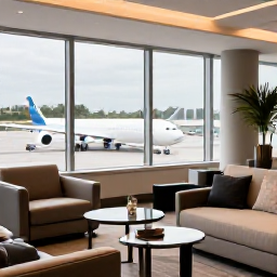 Caribbean Holidays, Bermuda Business Class, Stylish airport lounge with comfortable seating, refreshments and large windows overlooking aircraft before a Bermuda flight