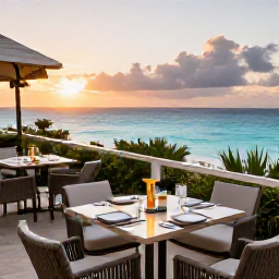 Caribbean Holidays, Bermuda Business Class, Stylish Bermuda hotel terrace at sunset with ocean views and a relaxed dining setting