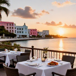 Caribbean Holidays, Bermuda Business Class, Stylish Bermuda waterfront restaurant at sunset with fresh seafood, elegant outdoor tables and pastel Hamilton buildings
