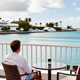 Caribbean Holidays, Bermuda Business Class, Stylish traveller enjoying a peaceful Bermuda harbour view from a smart hotel terrace in January