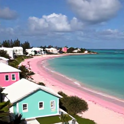 Caribbean Holidays, Bermuda Business Class, Sunny February view of Bermuda coastline with pastel houses, turquoise water, pink sand and a calm Atlantic seascape