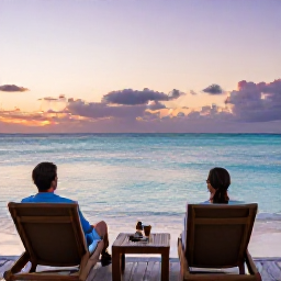 Caribbean Holidays, Bermuda Business Class, Traveller enjoying a peaceful Bermuda sunset from a waterfront terrace, pastel sky over calm turquoise sea