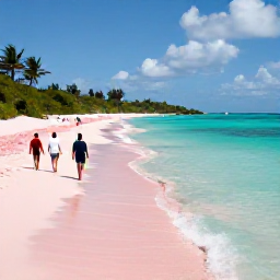 Caribbean Holidays, Bermuda Business Class, Travellers walking along a scenic Bermuda coastline with turquoise water and pink sand