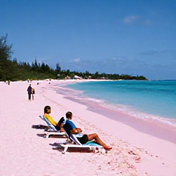 Caribbean Holidays, Bermuda Business Class, Visitors enjoying a pink-sand Bermuda beach with calm turquoise sea, sun loungers and green coastal scenery