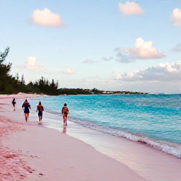 Caribbean Holidays, Bermuda Business Class, Visitors walking along Bermuda's pink sand beach beside turquoise water in soft winter sunshine