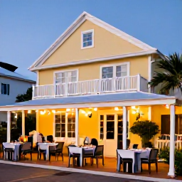 Caribbean Holidays, Bermuda City Breaks, A relaxed evening dining scene in Hamilton, Bermuda, with outdoor tables, local seafood and softly lit pastel buildings