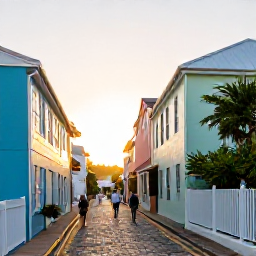Caribbean Holidays, Bermuda City Breaks, Visitors walking through the historic streets of St George's, Bermuda, with colourful cottages, stone lanes and warm afternoon light