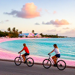 Caribbean Holidays, Bermuda Couples Holidays, A couple cycling along Bermuda's pastel-coloured waterfront at golden hour, with turquoise sea and pink sand in the background