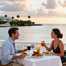 Caribbean Holidays, Bermuda Couples Holidays, A couple dining at an elegant waterfront restaurant in Bermuda at sunset, with fresh seafood and colourful cocktails on the table