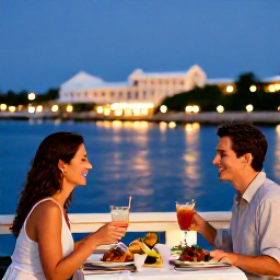 Caribbean Holidays, Bermuda Couples Holidays, A couple dining outdoors at a waterfront restaurant in Bermuda at dusk, with local seafood, cocktails and harbour lights