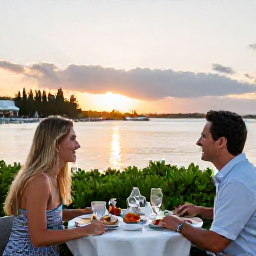 Caribbean Holidays, Bermuda Couples Holidays, A couple enjoying an al fresco seafood dinner overlooking a calm Bermuda harbour at sunset