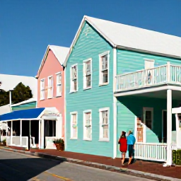 Caribbean Holidays, Bermuda Couples Holidays, A couple exploring pastel-coloured buildings and historic streets in Hamilton, Bermuda, on a sunny afternoon
