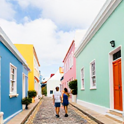 Caribbean Holidays, Bermuda Couples Holidays, A couple exploring the historic streets of St George's in Bermuda, with pastel buildings, cobbled lanes and colourful doors