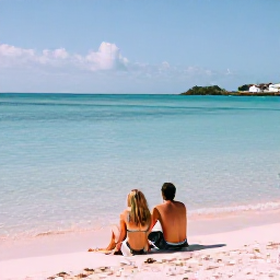 Caribbean Holidays, Bermuda Couples Holidays, A couple relaxing on Horseshoe Bay Beach in Bermuda, sitting on pink sand beside calm turquoise water under bright sunshine