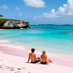 Caribbean Holidays, Bermuda Couples Holidays, A couple relaxing on the pink sands of Horseshoe Bay with turquoise water and rocky coves in the background