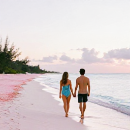 Caribbean Holidays, Bermuda Couples Holidays, A couple walking hand in hand along a quiet pink-sand beach in Bermuda at sunrise