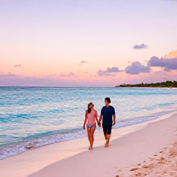 Caribbean Holidays, Bermuda Couples Holidays, A couple walking hand in hand along a quiet pink-sand beach in Bermuda at sunset, with turquoise water and pastel skies