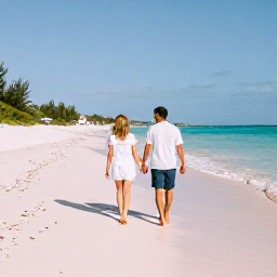 Caribbean Holidays, Bermuda Couples Holidays, A couple walking hand in hand along a quiet pink-sand beach in Bermuda during a sunny February afternoon