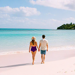 Caribbean Holidays, Bermuda Couples Holidays, A couple walking hand in hand along a quiet pink-sand beach in Bermuda during a warm April morning