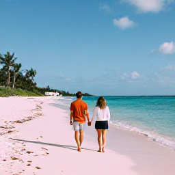 Caribbean Holidays, Bermuda Couples Holidays, A couple walking hand in hand along a quiet pink-sand beach in Bermuda in warm May sunshine