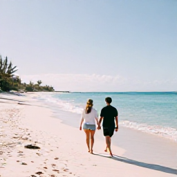 Caribbean Holidays, Bermuda Couples Holidays, A couple walking hand in hand along a quiet pink-sand beach in Bermuda on a bright January morning