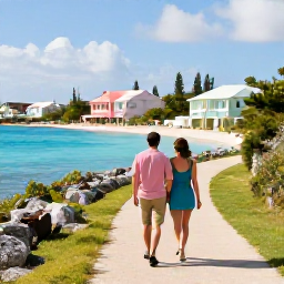 Caribbean Holidays, Bermuda Couples Holidays, A happy couple on a scenic Bermuda coastal path with turquoise sea, pastel houses and winter sunshine