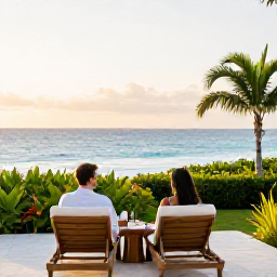 Caribbean Holidays, Bermuda Couples Holidays, A relaxed couple enjoying a luxury Bermuda resort terrace overlooking the ocean, with loungers, tropical gardens and soft morning light