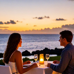 Caribbean Holidays, Bermuda Couples Holidays, A romantic candlelit dinner for two at a Bermuda restaurant overlooking the sea at sunset