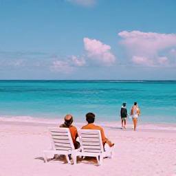 Caribbean Holidays, Bermuda Couples Holidays, A romantic pink-sand beach in Bermuda with two sun loungers, calm turquoise water and a couple walking beside the shoreline