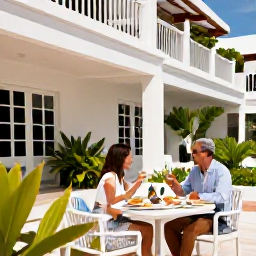 Caribbean Holidays, Bermuda Couples Holidays, A stylish Bermuda hotel terrace with a couple enjoying breakfast, tropical plants, white architecture and bright summer light