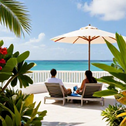 Caribbean Holidays, Bermuda Couples Holidays, Comfortable boutique hotel terrace in Bermuda with sea views, tropical plants and a couple relaxing together