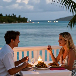 Caribbean Holidays, Bermuda Couples Holidays, Cosy Bermuda restaurant overlooking the sea, with a couple enjoying a candlelit dinner and local seafood