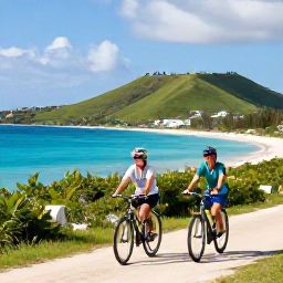 Caribbean Holidays, Bermuda Couples Holidays, Couple cycling along Bermuda&rsquo;s scenic coastline with ocean views, green hills and bright February sunshine