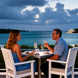 Caribbean Holidays, Bermuda Couples Holidays, Couple dining outdoors at a stylish Bermuda restaurant overlooking the sea in the evening