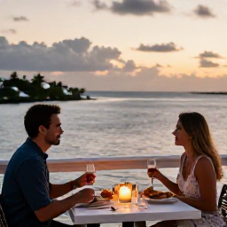 Caribbean Holidays, Bermuda Couples Holidays, Couple enjoying a candlelit seafood dinner on a Bermuda waterfront terrace at sunset