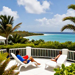 Caribbean Holidays, Bermuda Couples Holidays, Couple enjoying a comfortable Bermuda hotel terrace with tropical garden and ocean view in August