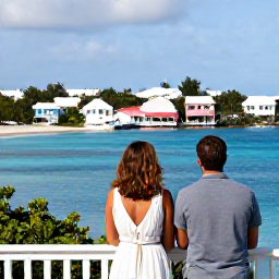 Caribbean Holidays, Bermuda Couples Holidays, Couple enjoying a scenic coastal viewpoint over Bermuda's blue sea and pastel houses