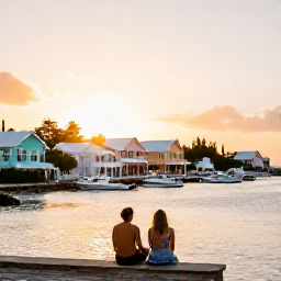 Caribbean Holidays, Bermuda Couples Holidays, Couple enjoying a sunset harbour view from Bermuda, pastel houses, calm water and warm golden evening light