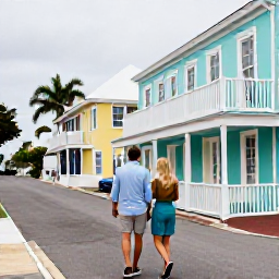 Caribbean Holidays, Bermuda Couples Holidays, Couple exploring colourful Hamilton, Bermuda, with pastel buildings, historic streets and a relaxed February atmosphere