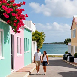 Caribbean Holidays, Bermuda Couples Holidays, Couple exploring colourful Hamilton streets in Bermuda, pastel buildings, hanging flowers and waterfront views
