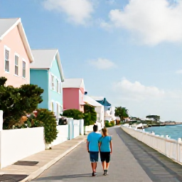 Caribbean Holidays, Bermuda Couples Holidays, Couple exploring colourful Hamilton streets in Bermuda, pastel buildings, waterfront views and relaxed island atmosphere