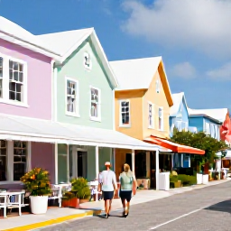 Caribbean Holidays, Bermuda Couples Holidays, Couple exploring colourful Hamilton streets in Bermuda, with pastel buildings, caf&eacute;s and subtropical plants