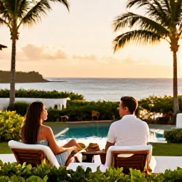 Caribbean Holidays, Bermuda Couples Holidays, Couple relaxing at a stylish Bermuda hotel overlooking the sea, tropical gardens and warm evening light