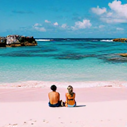 Caribbean Holidays, Bermuda Couples Holidays, Couple relaxing on the soft pink sands of Horseshoe Bay in Bermuda, turquoise sea and rocky coves in the background