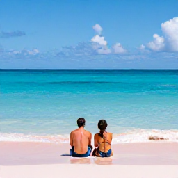 Caribbean Holidays, Bermuda Couples Holidays, Couple sitting together on a quiet pink-sand beach beside clear turquoise water in Bermuda