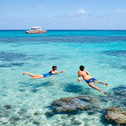 Caribbean Holidays, Bermuda Couples Holidays, Couple snorkelling in clear Bermuda waters near a coral reef, colourful fish, bright sunlight and a small boat in the distance